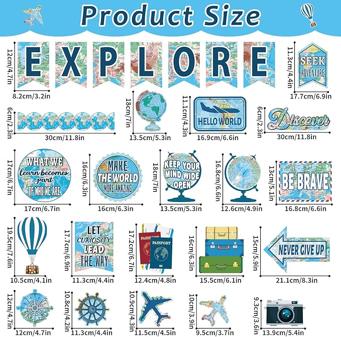 gisgfim Travel the Map Bulletin Board Classroom Decorations Set Motivational Sign Travel Paper Cutouts for World Map Adventure Explore Accent Teacher Supplies Back to School Wall Door Chalkboard Decor