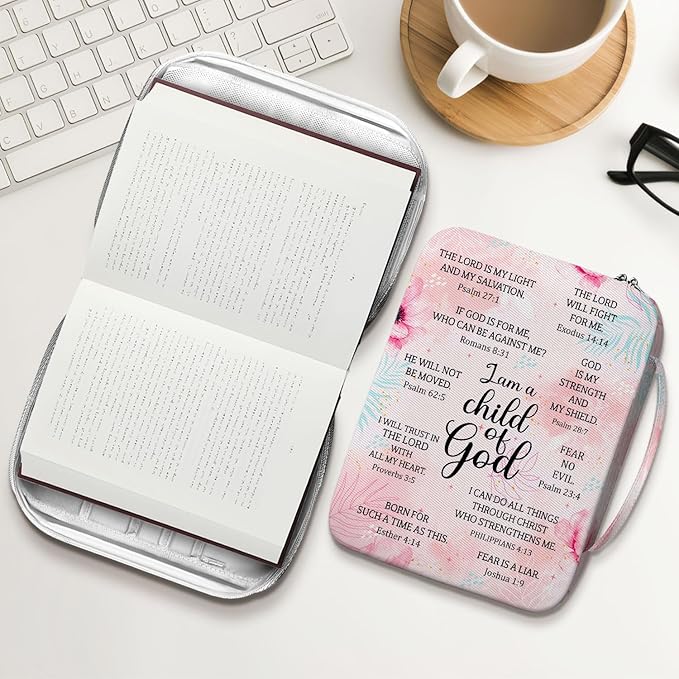 I Am A Child Of God Bible Cover for Women, Floral Scripture Bible Case with Handle and Zipper Pocket, Christian Bible Bag for Girls, Fits Standard Size, Church Gift for Faith and Prayer
