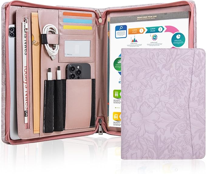 AZXCG Leather Portfolio for Women, Embossed PU Leather Padfolio with Zipper, Professional Business Document Organizer with A4 Notepad Holder, Professional Organizer for Resume/Interview(Purple)