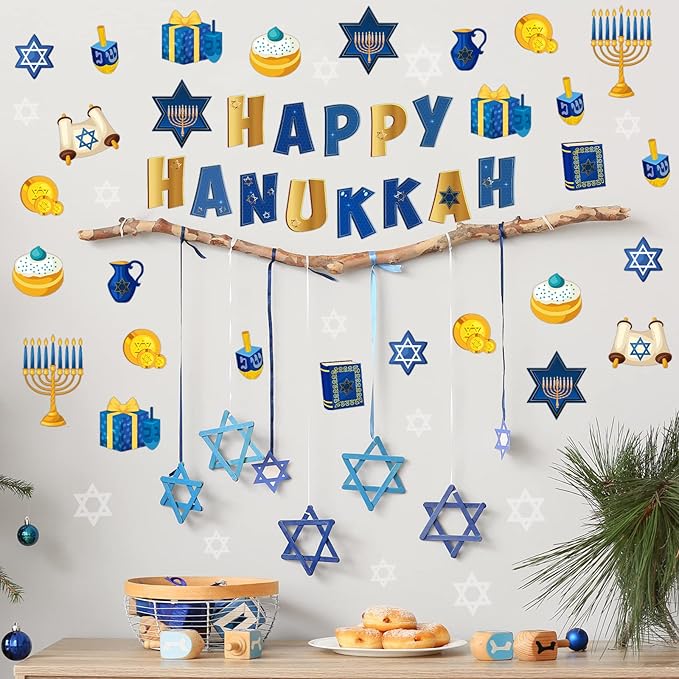 68 Pcs Hanukkah Classroom Bulletin Border Decoration Happy Hanukkah Cutouts Star Menorah Dreidel Bible Scroll Gold Cutouts for School Chalkboard Kwanzaa Party Wall