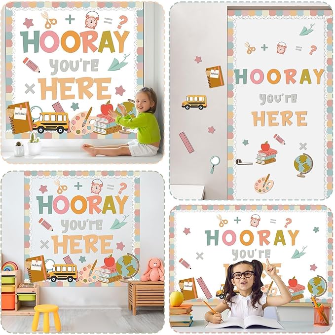 QOUBAI Groovy Bulletin Board Set Hippie Pastel Themed Classroom Welcome Bulletin Board Decoration Stationery Paper Cutout Classroom Decoration for Back to School Office Home Chalkboard Decor Wall Door