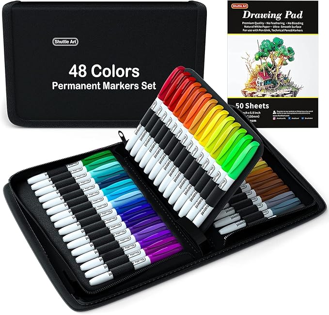 Shuttle Art Permanent Markers, 48 Colors Fine Point, Assorted Colors with Travel Case, Ideal for Adults Coloring Doodling on Plastic, Glass, Wood and Stone, Gift for Students