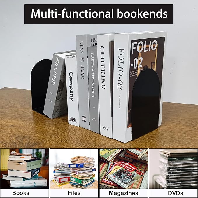 MerryNine Metal Book Ends, 4 Pack Black Bookends for Shelves, Book Holder for Heavy Books, Book End for Kids Books, Decoration Bookend for Home Office