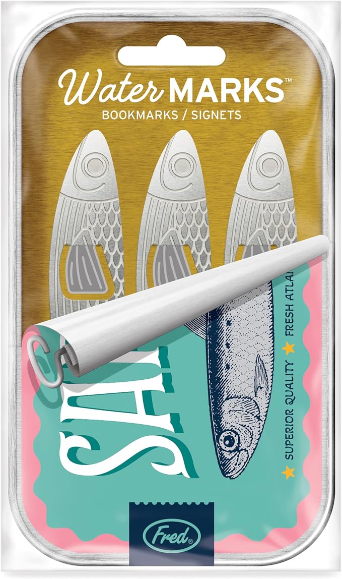 Genuine Fred Water Marks Sardine Bookmarks – Set of 3 Flexible Steel Page Markers with Sardine Tin Packaging – Fun & Functional