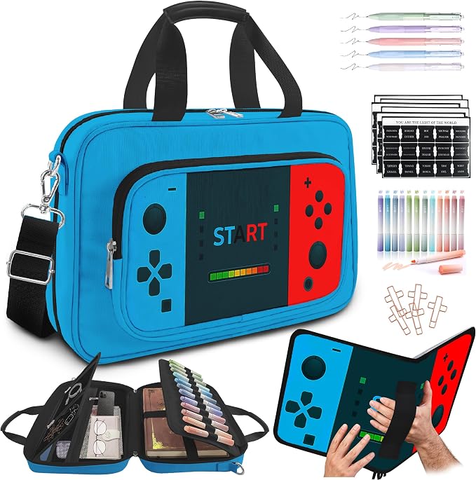 Gamer Large Bible Cover Case for Boys, Book Carrying Case with Strap Handle Zipper Pocket,Bible Protective Church Bag,Bible Study Supplies Journaling Kit,Bible Organizer Holder Bag,Christian Gift Blue