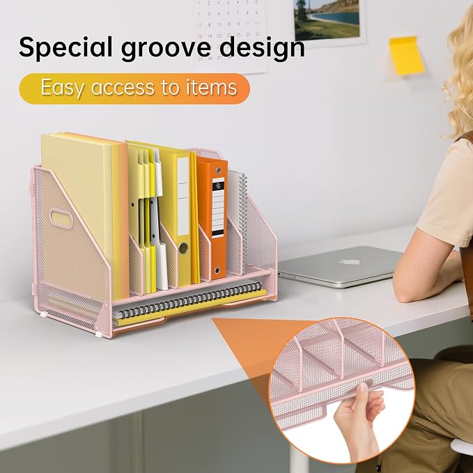 Docnest Desk File Holder Sorter, 5 Vertical Compartments Rack with Letter Tray, Mesh Magazine File Holder with Handle,Workspace Organizers,Desk Organizers for Paper, Mail, Documents-Pink