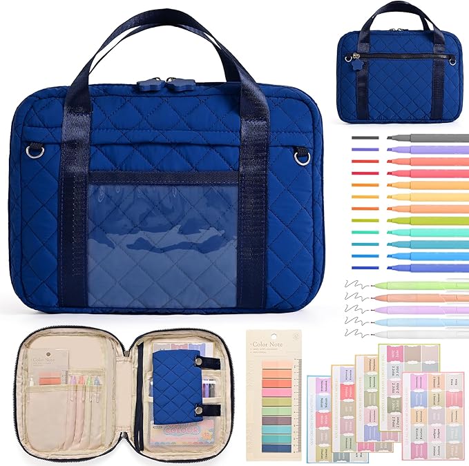 Quilted Bible Cover for Women, Zippered Bible Case with Handle, Bible Organizer Bag w/Multiple Pockets & Pen Slots Lightweight Bible Tote Bag for Church Study, Gifts for Women (Navy Blue)