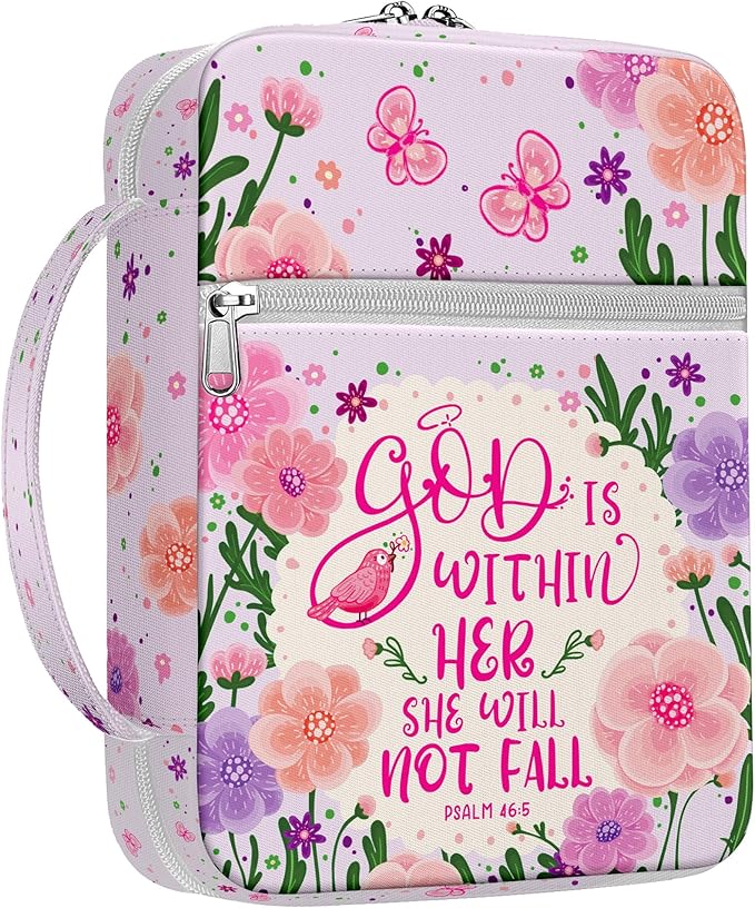 God Is Within Her Bible Cover for Women, Floral Canvas Bible Case with Handle and Zipper Pocket, Fits Standard Size, Christian Gift for Girls and Bible Study Use