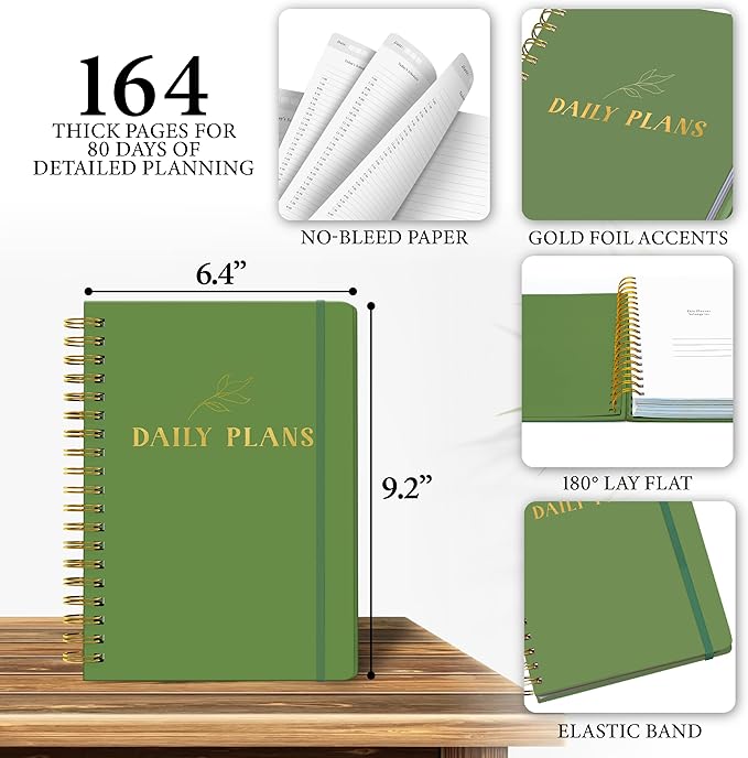Daily Planner with Hourly Schedule – Aesthetic Spiral To-Do List Notebook for Work, Appointments and Tasks | Undated Daily Planner, Hourly Organizer to Stay Focused, Green