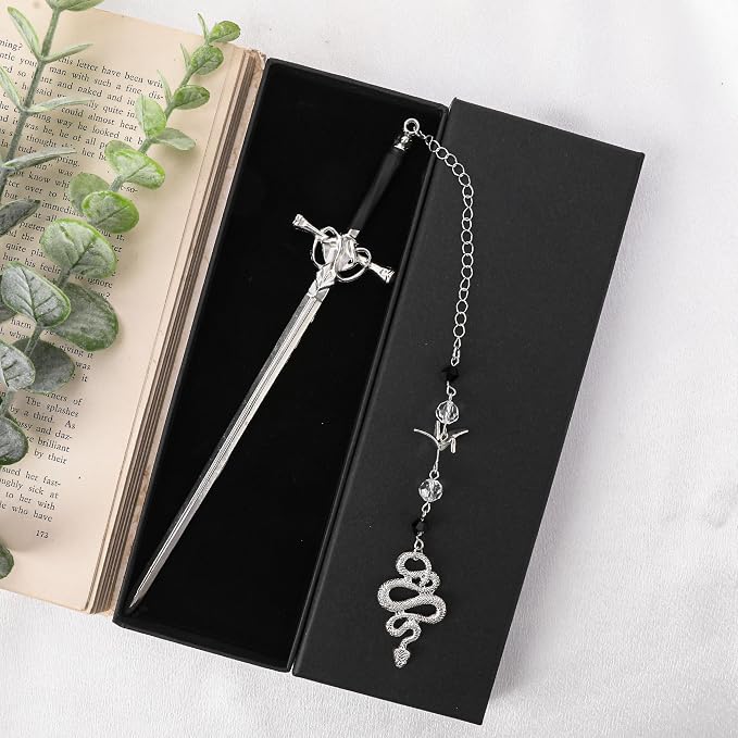 Fantasy Sword Metal Bookmark - Unique Snakes Crane Charm Book Marks Crystal Beads Chain Page Mark Bookish Birthday Gifts School Reading Accessories for Women Students Teachers Lovers Readers
