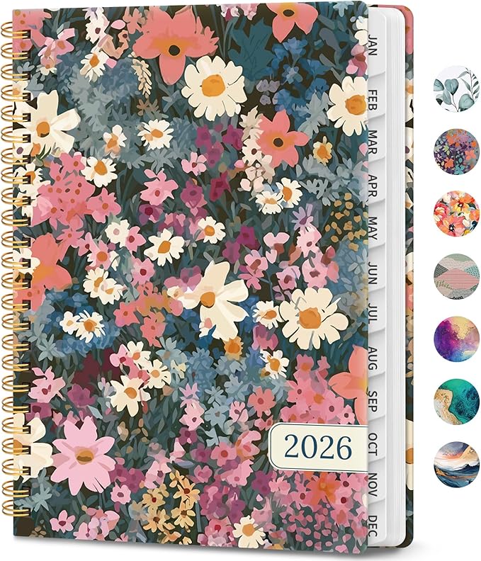 2026 Planner, Weekly and Monthly Calendar Planner Book, January 2026 - December 2026, Hardcover Spiral Planner with Monthly Tabs, Notes Pages, Perfect for Women & Men, A5 (6.4" x 8.5") - Flower