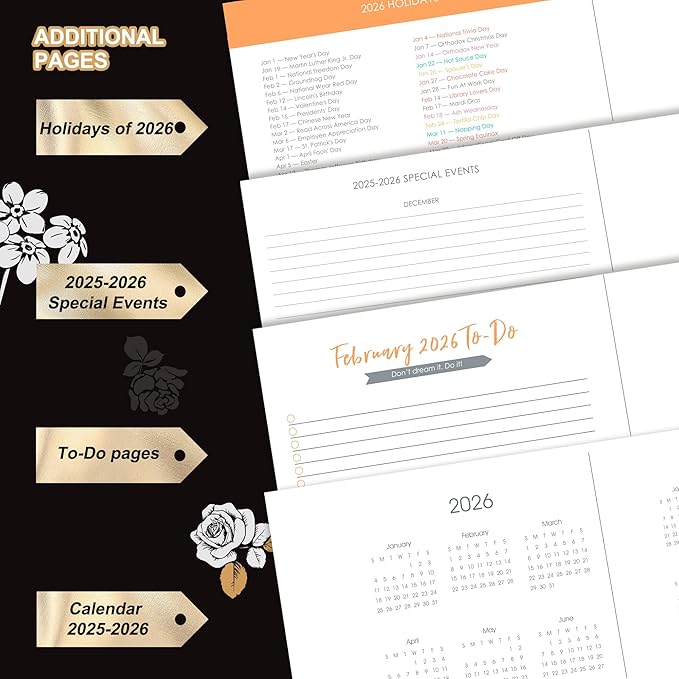 CAGIE 2026 Planner Weekly and Monthly Dec 2025–Dec 2026 Hardcover Planner with Pockets, 13 Month Large Black Flowers Calendar Planner with Stickers Tabs, Spiral Bound Yearly Calendar Planner for Women, 8.3" x 9.3"