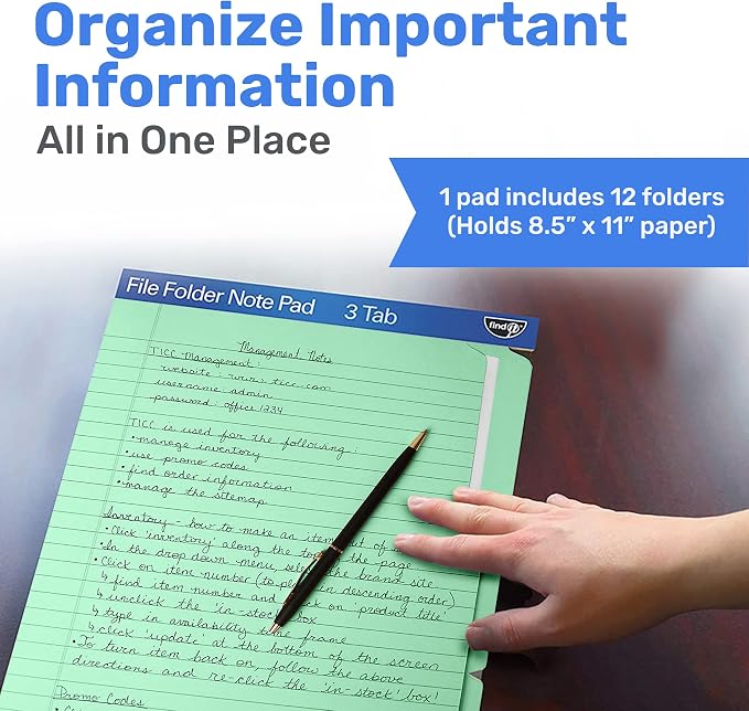 Find It File Folder Notepad - Pack of 12-9.5 x 12.5 Inch Notebook Organizer Folders for Filing, Document, and Clipboard Organization - Green
