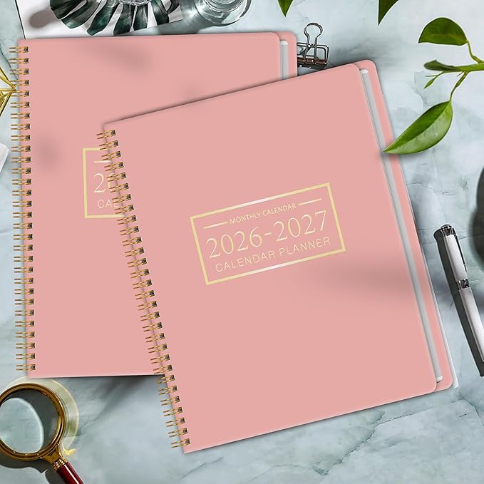 Monthly Planner 2026-2027, 2 year calendar 2026-2027 Calendar Book from Jan 2026 - Dec 2027 with Waterproof PVC Cover, 9'' x 11'', Organize Schedule for School, Office, Family,Pink