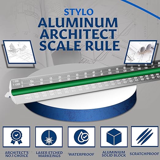Stylo 12" Aluminum Architect Scale Ruler Laser Etched Triangle Drafting Ruler, Color Coded Grooves for Blueprint, Drafting and Drawing, Architectural Scale Ruler for Blueprints (Grey, Metric)