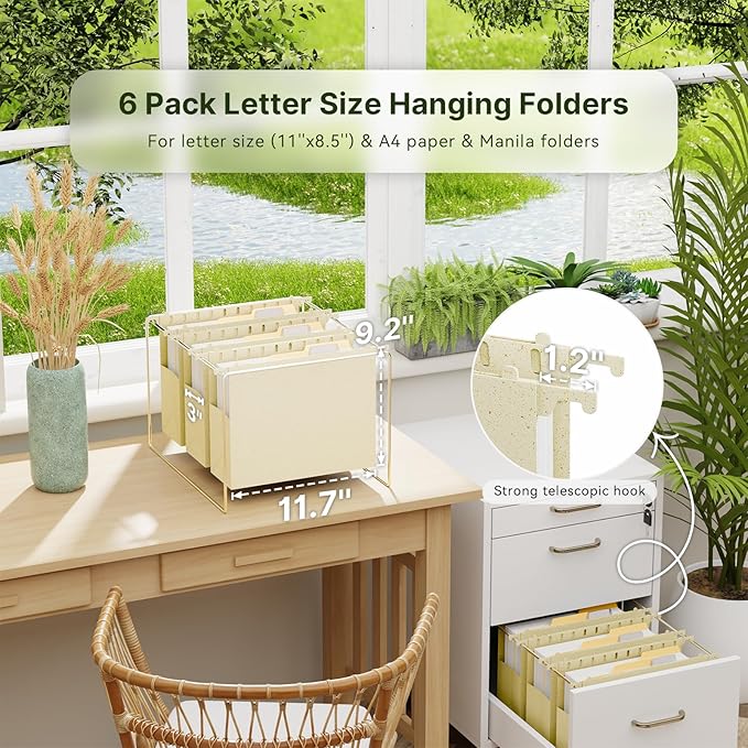 XINGIA Extra Capacity Letter Size File Folders Hanging with Tabs,3 Inch Expansion Plastic Hanging Folders for Filing Cabinet,6 Pack Wheat Straw Expandable File Folder Organizer for File Frame Box