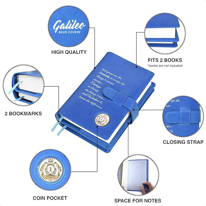 GALILEO® Double AA Big Book Cover & 12 Steps & 12 Traditions | AA Gift | Alcoholics Anonymous (Prayer/Coin Pocket/Sky Blue)