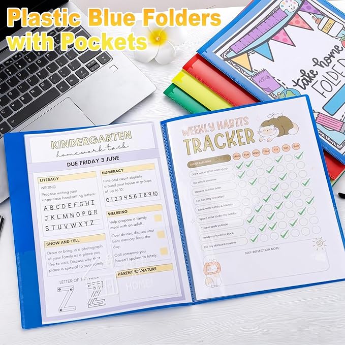 24 Pcs Back to School Take Home Folders for Elementary Students 2 Pocket Folders with Clear Front Pocket 4 Inner Pockets Plastic Parent Teacher Communication Folder 11.81 x 9.45 Inch (Mixed Color)