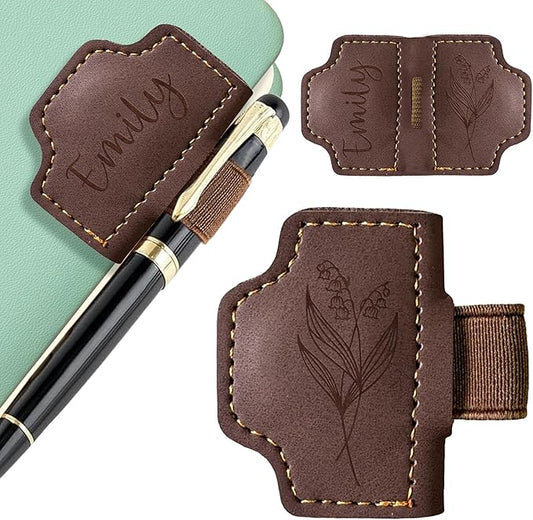 EDSG Personalized Magnetic Bookmark, Engraved Leather Bookmark Clip with Pen Holder, Laser Engraved Book Marks with Birth Flower Mothers Bookmarks Gifts for Men Women Teachers (Dark Brown-Magnetic V2)