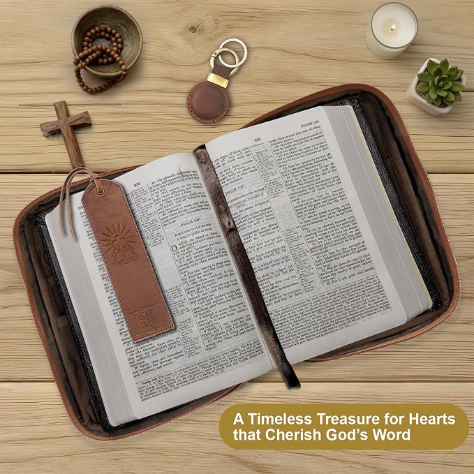 Sovereign-Gear Small Leather Bible Cover - Handmade Buffalo Leather, Cross Embossed, Handle, Zipper, Storage Pockets, Bookmark & AirTag Compatible Holder - Durable Cover for Men & Women
