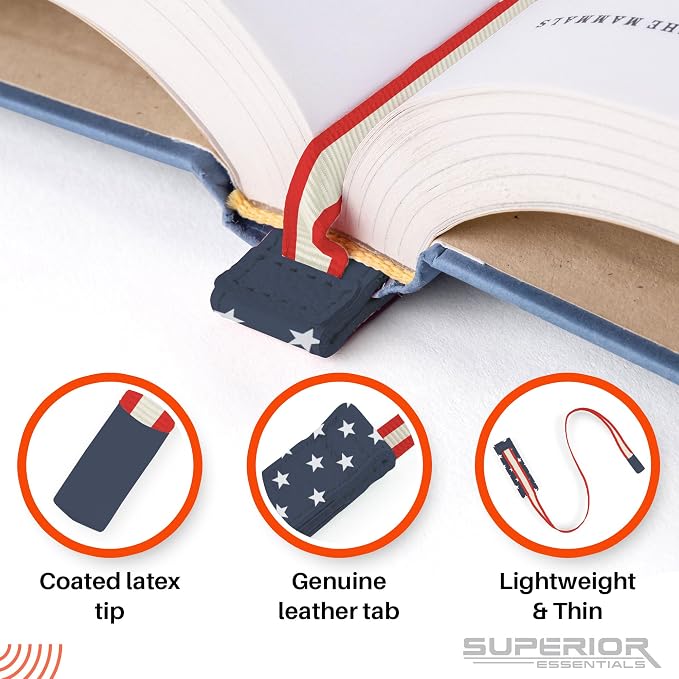 Superior Essentials Magnetic Bookmark-Genuine Leather, Single Long Ribbon Bible Bookmark for Book Lovers-Amplify Your Love for Books with Our Elegant Ribbon Page Marker (American Flag, 3PC)