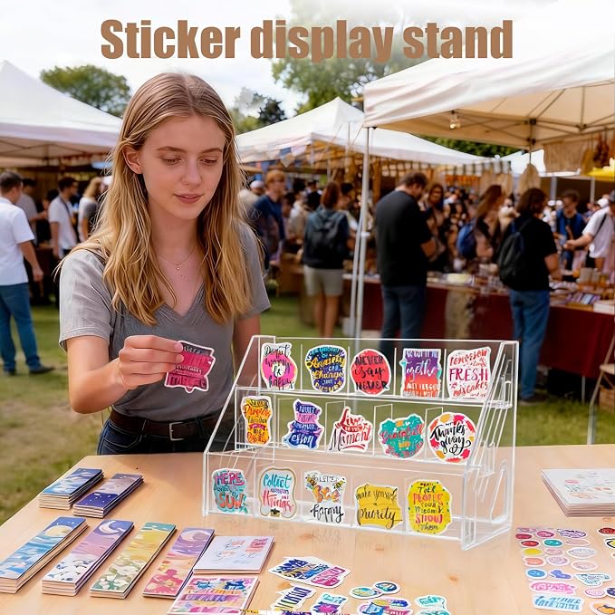 Acrylic Sticker Display Stand with Divided Pockets, Portable Bookmark Holder Tiered Display Stand, Clear Desk Organizer for Home, Retail or Craft Fair Use(15 Pockets, 3 Tier)