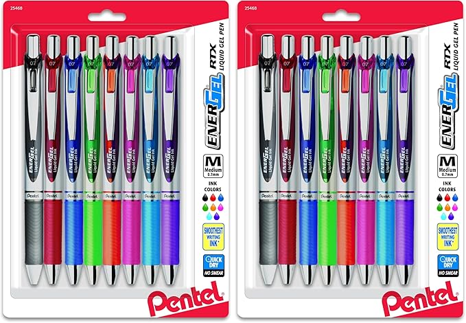 Pentel EnerGel RTX Retractable Liquid Gel Pen,(0.7mm),Medium Line,Metal Tip,Assorted Ink,(BL77BP8M),8 Count (Pack of 2)