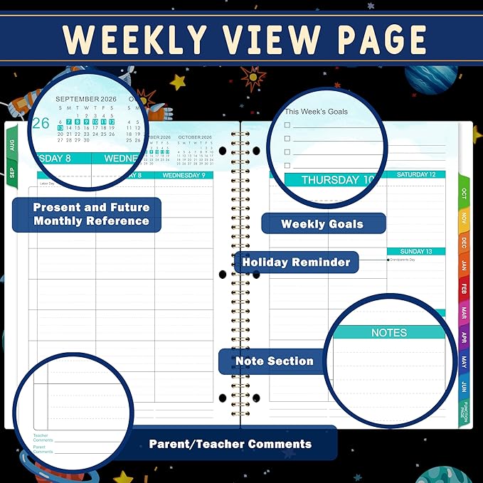 Student Planner 2026-2027 - School Planner 2026-2027, Aug. 2026 - Jun. 2027, 9" x 11", 26-27 Academic Planner with 3-Hole Punched, Colourful Tabs & Stickers