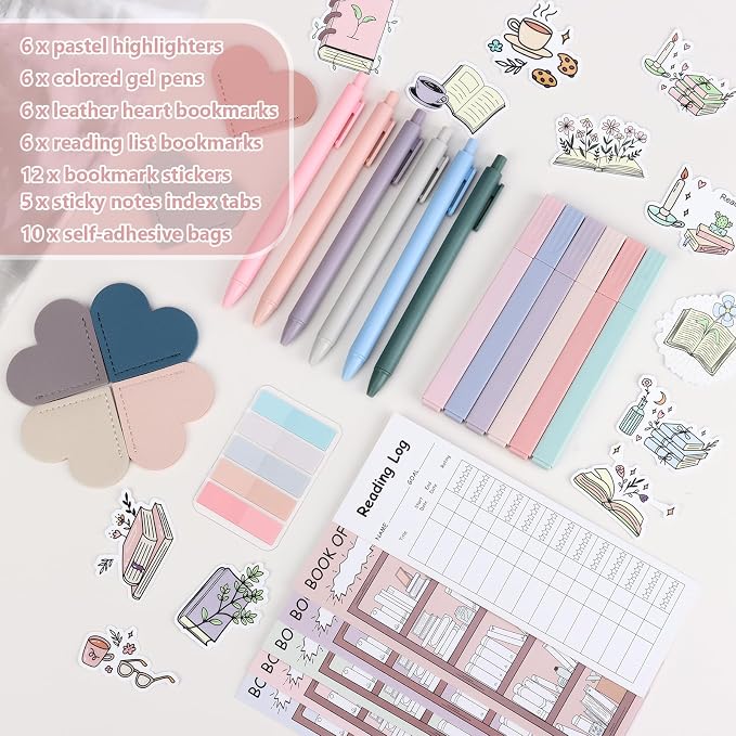 52 PCS Aesthetic Book Annotation Kit 6 Pastel Highlighters and Gel Pens Reading List Bookmarks Sticky Notes Index Tabs Stickers Bible Pages Self-Adhesive Bag for Book Lovers Gifts Book Accessories