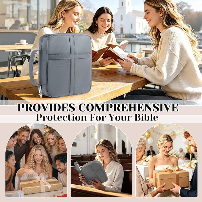XKDOUS Large Bible Cover, Bible Bag with Handle, Durable Cross Design Bible Case with Bible Accessories, Bible Cover Case for Women and Men, Christian Gift (Gray)
