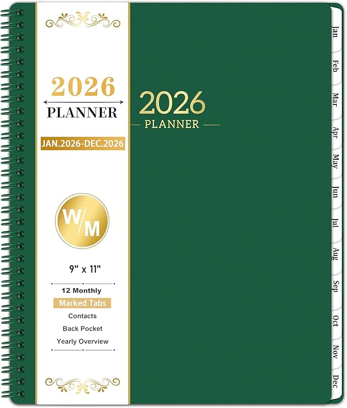 2026 Planner - JAN.2026 - DEC.2026, 2026 Planner Weekly and Monthly, 9" x 11", 2026 Calendar Planner, Weekly and Monthly Planner 2026 with Tabs, Twin-wire Binding, Pocket - Green