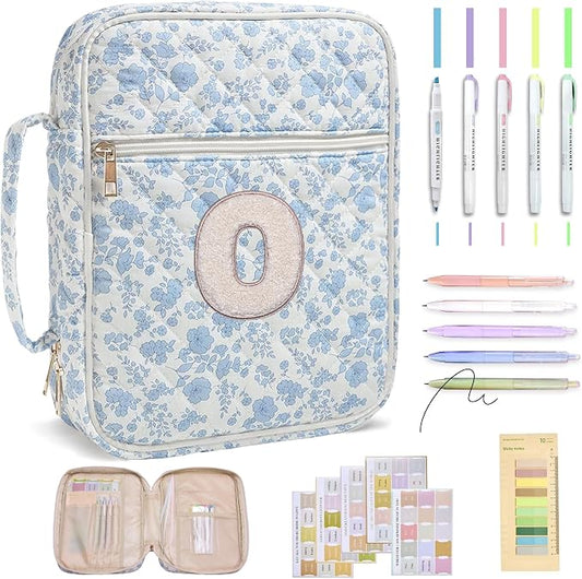 Personalized Initial Bible Cover Case for Women – Large Quilted Bible Bag with Handle, Chenille Letter, Bible Study Kit, Christian Gift for Mom, Grandma & Daughter (Blue Floral-O)