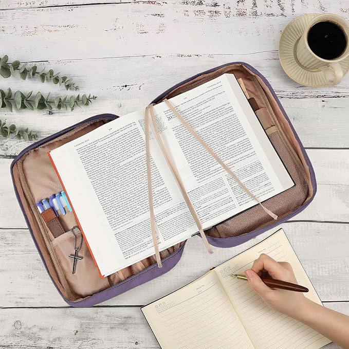 FINDCOZY Bible Cover for Women, Durable Carrying Book Case Church Bag for Biblical Accessories with Handle and Zippered Pocket,Purple