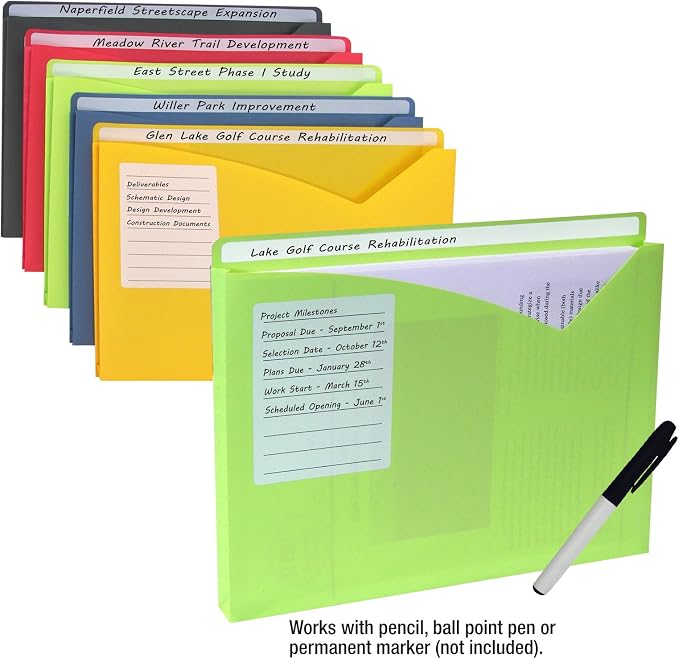 C-Line Write-on Poly File Jackets, Lime Green, Amber Orange, Steel Blue, Pack of 10