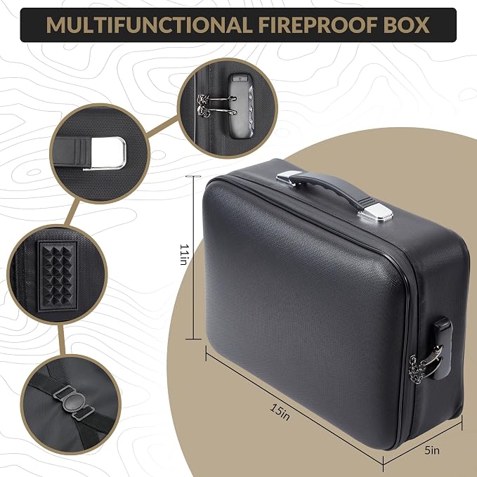 Garvee Fireproof Document Box, Hard Case Waterproof Fire Safe File Box with Lock, Portable Fire Proof Important Document Organizer Bag for Passports Certificates Laptop, Black