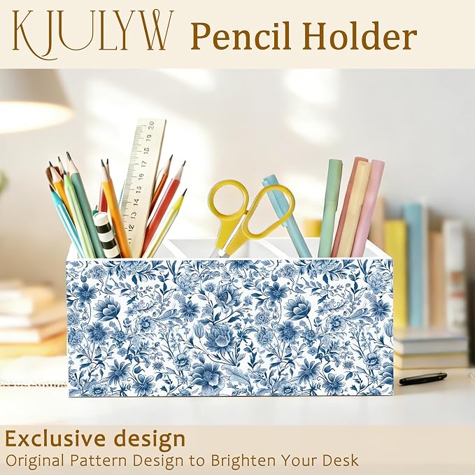 Chinoiserie Floral Pen Holder for Desk, Vintage Blue and White Chinoiserie Flower Wooden Box Pencil Pen Holder Organizer for Home Office Desk Accessories