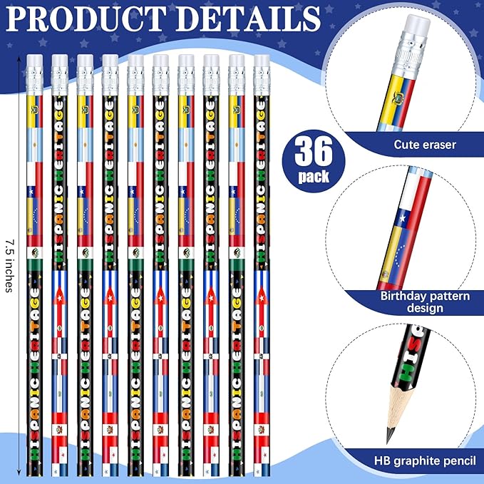 Gilprop 36 Pcs Hispanic Heritage Month Pencils Spanish Pencils with Erasers International Flags World Hispanic Heritage Month Party Favors Gifts for Classroom Decor Supplies