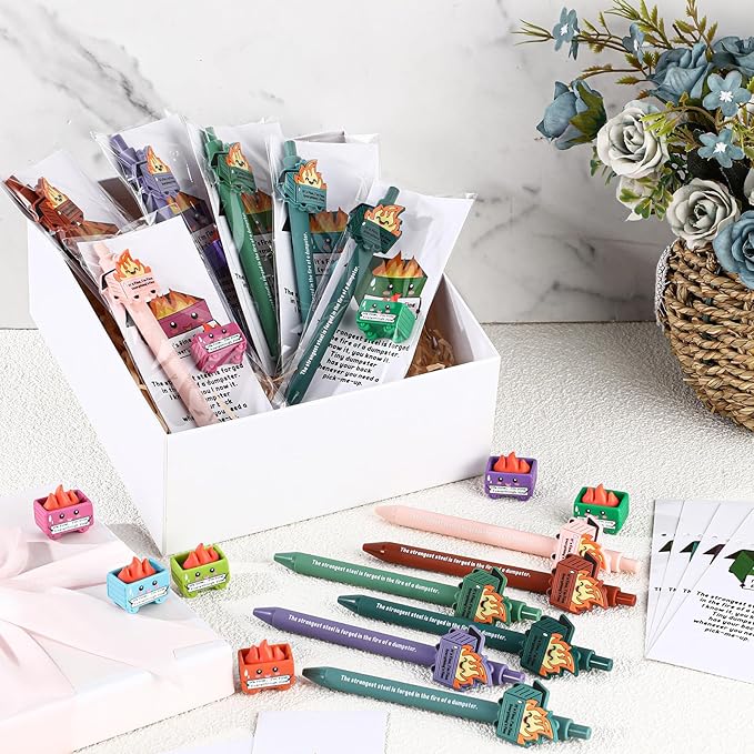 Sayglossy 12 Set Dumpster Funny Desk Accessories Positive Appreciation Gift for Nurses Teachers Bulk Thank You Inspirational Pens Mini Figurine Card Bookmark for Employee Administrative Professionals