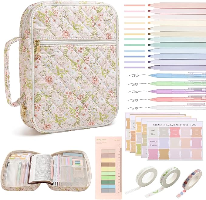Bible Cover Case Durable Handle Quilted Bible Carrying Case for Girls Bible Study Supplies Accessories (Spliced Flower)