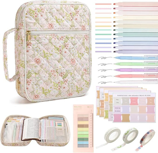 Bible Cover Case Durable Handle Quilted Bible Carrying Case for Girls Bible Study Supplies Accessories (Spliced Flower)