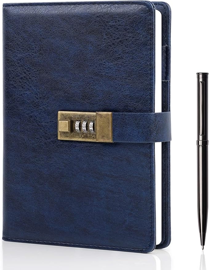 WEMATE Diary with Lock, A5 PU Leather Journal with Lock 240 Pages, Vintage Lock Journal Password Protected Notebook with Pen & Gift Box, Lock Diary Planner Organizer for Men and Women, 8.6x5.8in