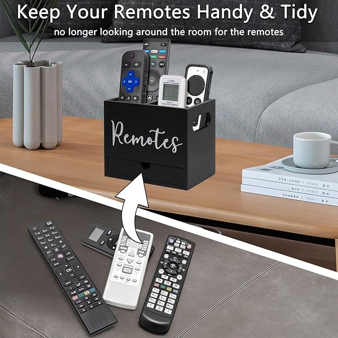 Remote Control Holder, 2 Slot TV Remote Holder& Desk Organizer with Drawers, Remote Organizer Caddy for Table, Wooden Remote Box for Nightstand,Media Storage Box for Living Room, Bed (Black)