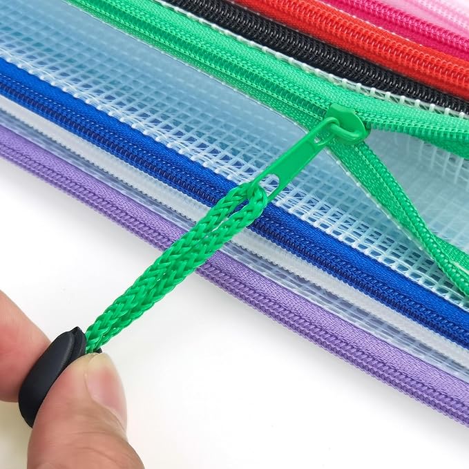 Plastic Mesh Zipper Pouch, 12Pcs Zipper File Bags with Label Pocket, Game Boards Storage Bags, Waterproof Document Storage Bags for Office Home Travel Cosmetic (A6 Size 6.3x4.7 in)