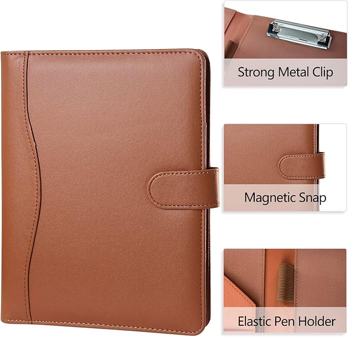 Padfolio Portfolio Binder, Leather Clipboard Folder Briefcase Loose-Leaf Binder with Cover Brown Folder with Pockets Resume Folder for Business Office Meeting Men Women's Business (A5, Brown)