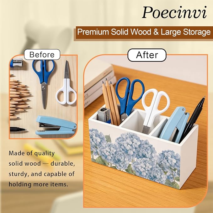 Vintage Blue Hydrangea Pen Holder for Home Office Desk, Hydrangea Decor, Rustic Cottagecore Blue Flower Botanical Wooden Box Sign Pencil Holder for Desk Shelf Organizer