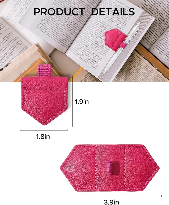 Magnetic Leather Bookmarks with Pen Holder Vegan Leather Book Marks Gifts for Reading Book Lovers Notebook Travelers (Pink-2PC)