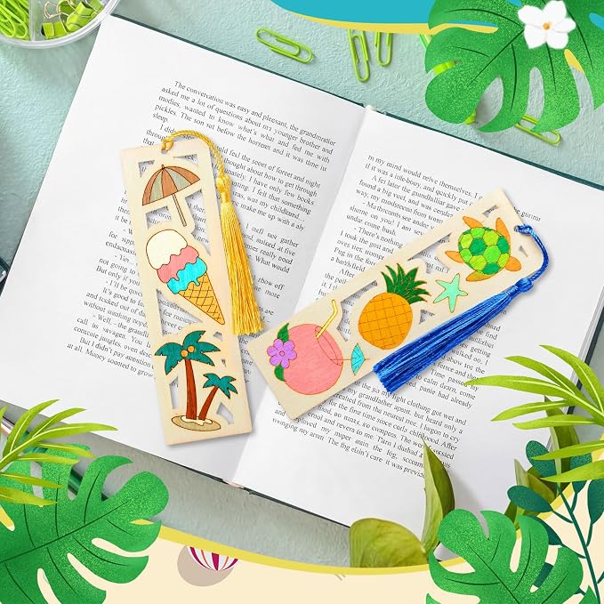 Yexiya 100 Pcs Bulk DIY Wooden Bookmarks Kit - 50 Set Tropical Hawaii Unfinished Wood Crafts with 50 Colorful Tassels for Classroom Rewards, Student Gifts, Summer Camp, Luau Party Favors, Art Projects