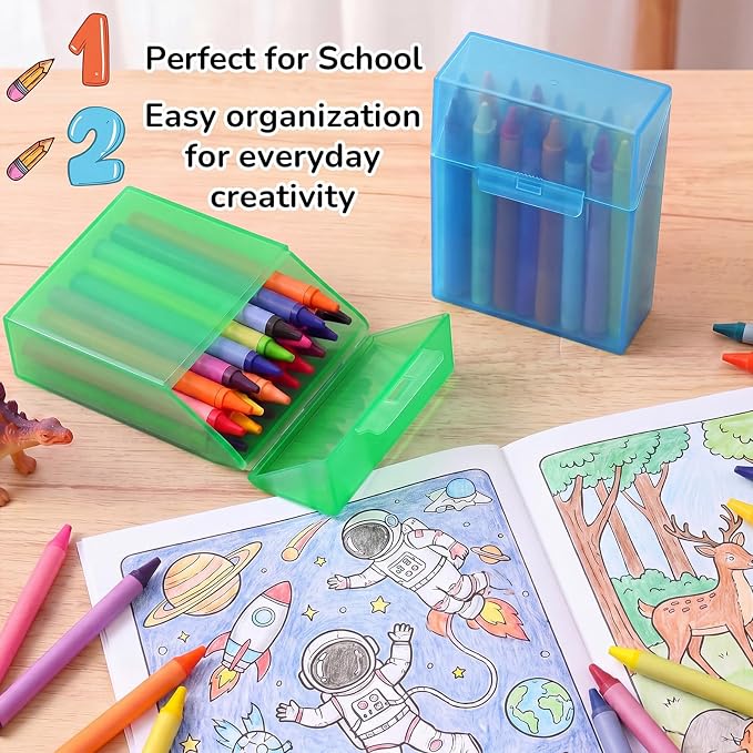 Clabby 2 Pcs Plastic Crayon Organizer Case for 24 Count Crayons Kids Art Supply Storage Box with Lid, Portable Holder for Classroom Home Travel, Fits Standard 24-Pack Crayon (Blue,Green)