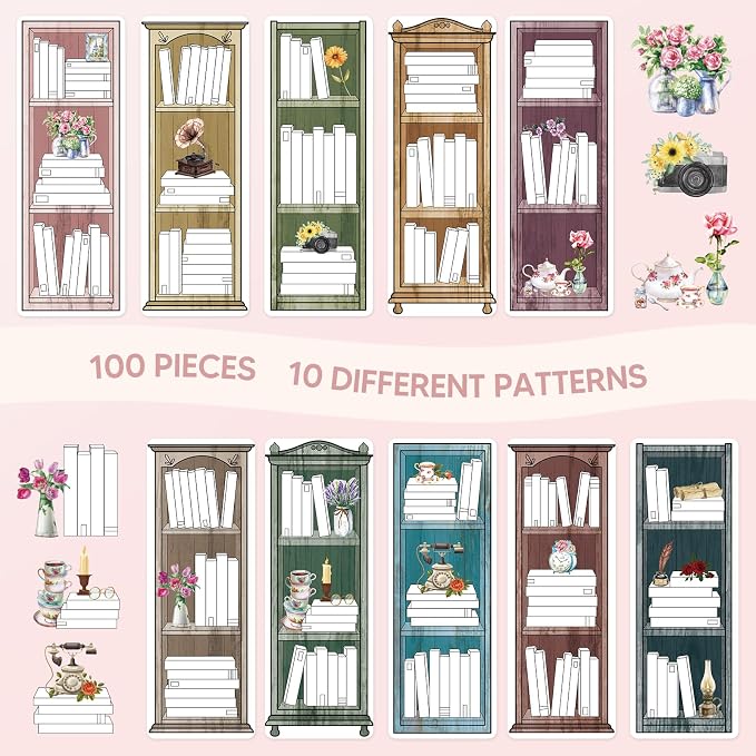 100 Pieces Reading List Bookmarks Book Tracker Bookmarks Bookshelf Design Library Card Bookmark Reading Log Bookmark Double-Sided Reading Page Markers for Book Lovers Women Students School Supplies