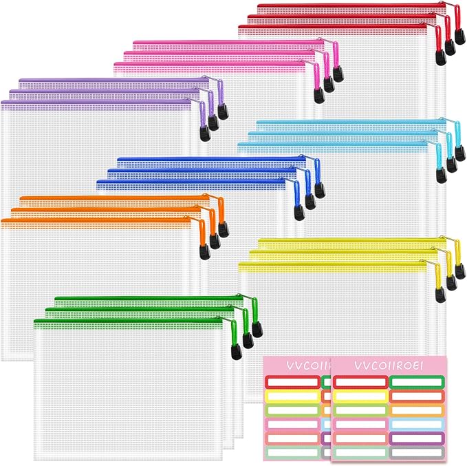 24pcs Mesh Zipper Pouch Bags Small, A5 9.4x7.1 Inches, 8 Colors Zipper Pouches for Classroom, Organizing Bags for Home, Office and Puzzle Storage
